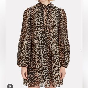 Ganni Pleated Georgette Leopard Mini Dress